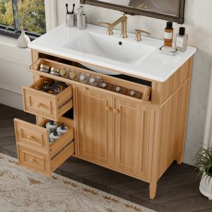 36  Bathroom Vanity With Sink, Wood Vanity Cabinet With Flip-Out Drawer, 3 Drawers, 2 Soft-Close Doors, Solid Wood & MDF, Elegant Rubber Wood Handles