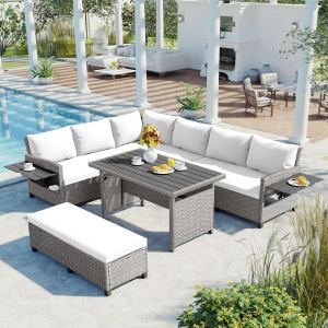 TOMAX Ensemble canapé patio 5pc rotin PE, L-shape, tables, coussins