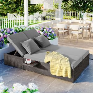TOPMAX Lit double extérieur osier, dossier ajustable, gris
