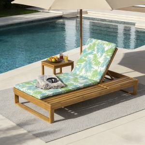 Teak Finish Acacia Wood Chaise Lounge With 1.57-Inch Leaf Coconut 2-Fold Cushion Set, 4-Position Adjustable With Flat Side Surface, For Poolside - Matching Cream,dark Gray Version Available