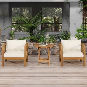 Ensemble conversation patio bois 2 places, table acacia pliante, beige