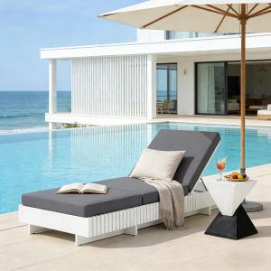 Chaise longue acacia blanc, coussin gris 400 lb, patio