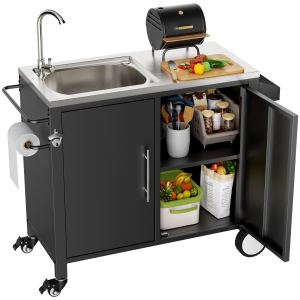 Table gril avec évier inox 304, chariot gril sur roues