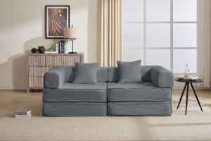Causeuse convertible 78 po, modulaire velours côtelé gris, 2 oreillers