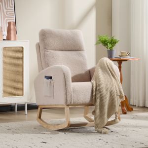 Fauteuil berçant accentuation bois beige peluche
