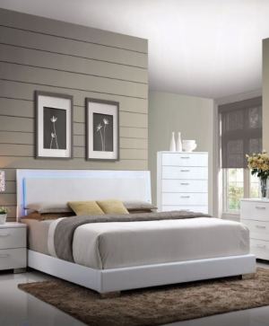 Lorimar  White Synthetic Leather & White Leg Queen Bed W Led
