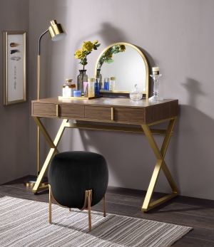 Bureau vanité Coleen noyer or miroir plateau bijoux