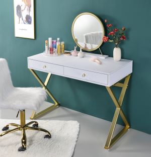 Bureau vanité Coleen blanc et or avec miroir et plateau bijoux