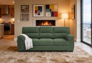 Sofa 3 places vert, tissu texturé, cadre robuste