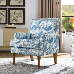 Fauteuil accent floral clous bois ferme bleu blanc