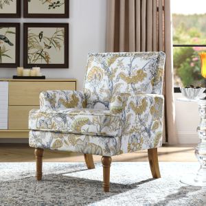 Fauteuil accent floral, clous dorés, gris, pieds bois, ferme traditionnel