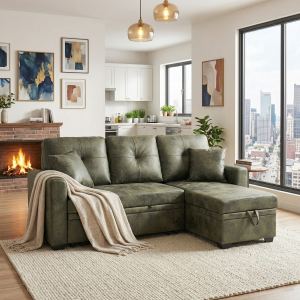 Canapé-lit sectional réversible ottomane, tissu vert olive, petit espace