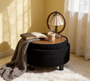 Ottoman rangement 25po rond plateau tissu capitonné noir