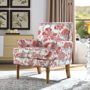 Fauteuil d'accent floral, clous décoratifs, bois massif, rouge