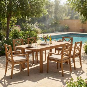 Ensemble dîning acacia 7 pièces coussins crème, teck