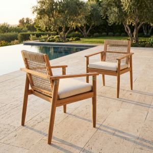 Ensemble 2 fauteuils patio bois acacia, cordes brunes, coussin beige