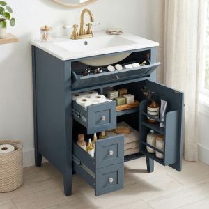 Vanité 24po avec lavabo céramique, 3 tiroirs, gris bleu, bois