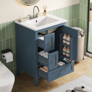Vanité salle de bain 24po gris bleu bois massif rangement