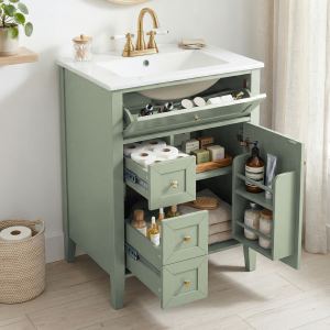 Vanité salle de bain 24 po, évier céramique vert pâle
