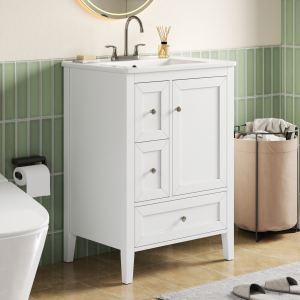 Video Vanité salle bain 24po blanc, lavabo céramique, bois massif