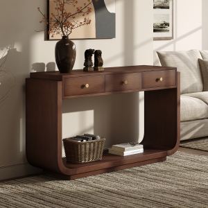 Table console 3 tiroirs style classique pieds courbes noyer