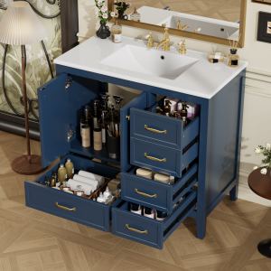 Meuble-lavabo 36'' avec lavabo, 4 tiroirs, bois bleu