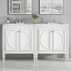 Vanité salle bain 60po double lavabo, céramique, tiroir, blanc