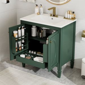 Vanité salle bain 30po vert, 2 portes, tablette, charnières soft-close