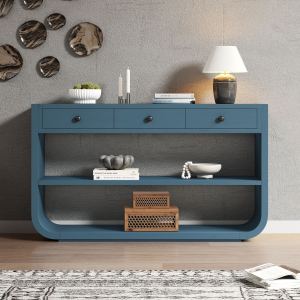 Table console 3 tiroirs, 2 tablettes, bois bleu