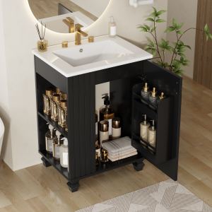 Vanité salle bain 24po noir porte soft-close bois massif