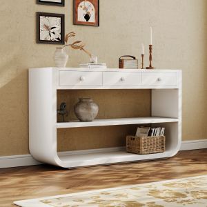 Table console courbe moderne Video, 3 tiroirs, 2 tablettes, base bois massif