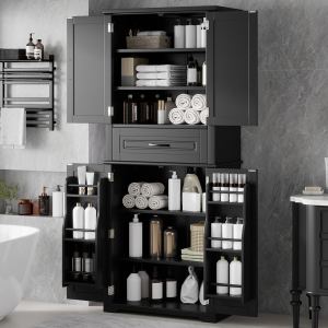 Video Bathroom Storage Cabinet With Multi-Functional Storage Space, Drawer With Slide Rails, Adjustable Shelf, Black