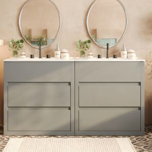 Meuble salle bain gris double lavabo 60", tiroirs