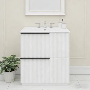 Meuble-lavabo 30po bassin céramique, tiroirs, design cannelé, blanc