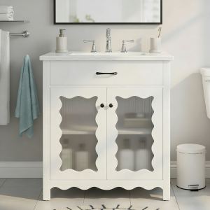 Vanité salle bain 30 po verre teinté pieds bois, portes soft-close
