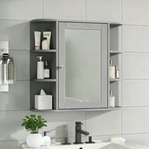 Armoire salle bain miroir gris 6 tablettes ouvertes