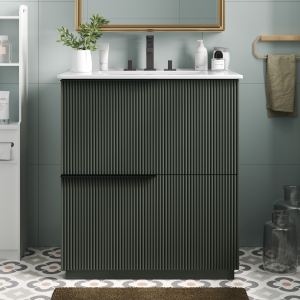 Meuble-lavabo 30po bassin céramique, tiroirs, design cannelé, vert