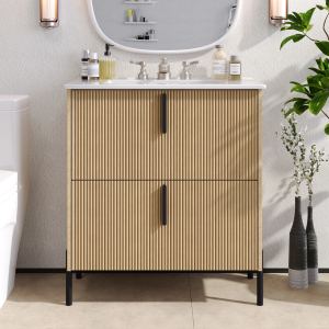 30  Bathroom Vanity With Ceramic Sink And Full-Extension Drawers, Soft Close Undermount Drawer Slides, Fluted Design, Natural