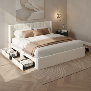 Lit rangement rembourré 4 tiroirs beige roi