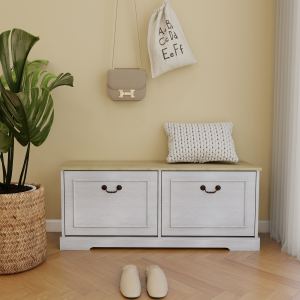 Banc rangement chaussures 2 tiroirs, blanc antique, ajustable