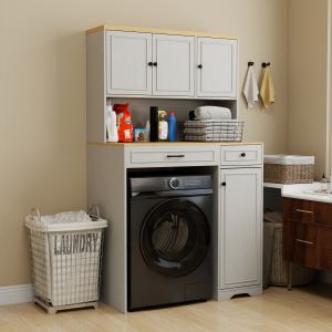 Meuble rangement lave-linge sécheuse robot, organiseur buanderie antique blanc