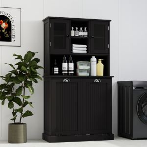 Panier linge 2 compartiments meuble salle bain 2 tablettes noir