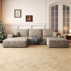 107 Cloud Sectional Sofa With 1 Ottoman,Modern Minimalist Upholstered Couches,Comfort U Shaped Sofa For Living Room,Deep Seat Corner Couch,No Assembly Required,Camel  Plush Corduroy Fabric