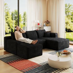 Sectional nuage 95 po avec ottoman, corduroy, assise profonde, noir