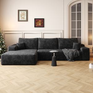 Divan sectionnel nuage 107, forme L, tissu velours côtelé noir, sans assemblage