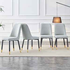 Chaises salle à manger cuir PU gris, dos rembourré, pieds métal noir, 4 pièces