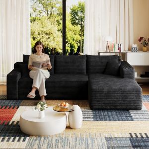 Sofa sectionnel 95", U moderne, velours côtelé noir