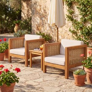 Ensemble 2 chaises club extérieur, acacia/rotin, coussin beige, 400 lb