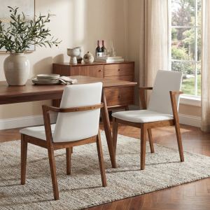 Ensemble 2 chaises salle à manger mi-siècle, beige, bois noyer, 250 lbs