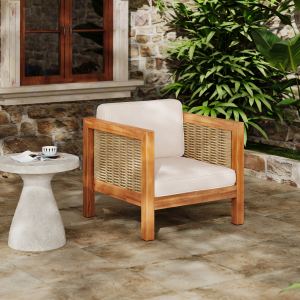 Fauteuil club acacia osier bras coussins beige 400 lbs